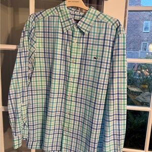 Vineyard Vines Men's Blue and Green Plaid Shirt